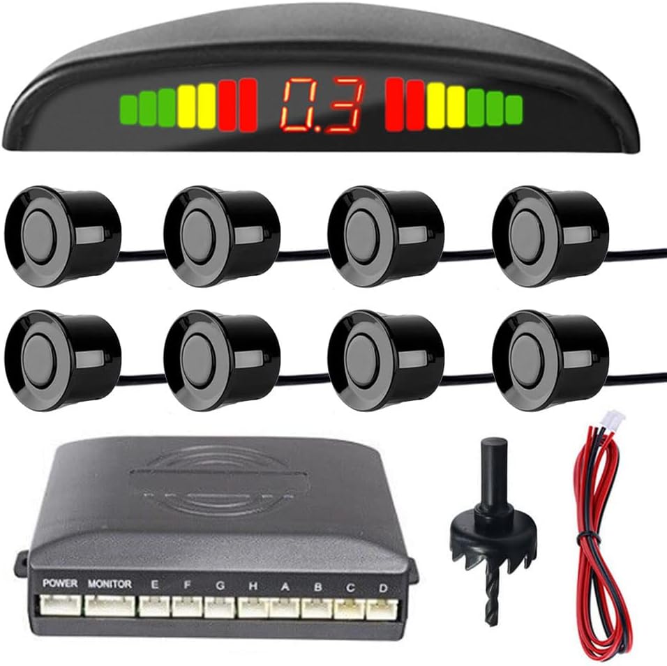 Car Reverse Parking Sensors Car Rear Reverse Parking Radar System Car Parking Sensor Kit 8 Sensor Auto Sound Alarm Alert Reverse Backup Radar Display Black