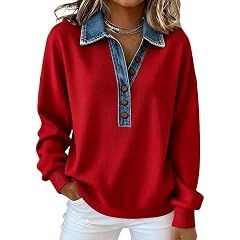 Womens Waffle Knit Top with Denim Collar Cuffs Button Front Long Sleeve Pullover Casual Office Outfits