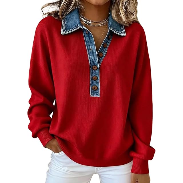 Womens Waffle Knit Top with Denim Collar Cuffs Button Front Long Sleeve Pullover Casual Office Outfits