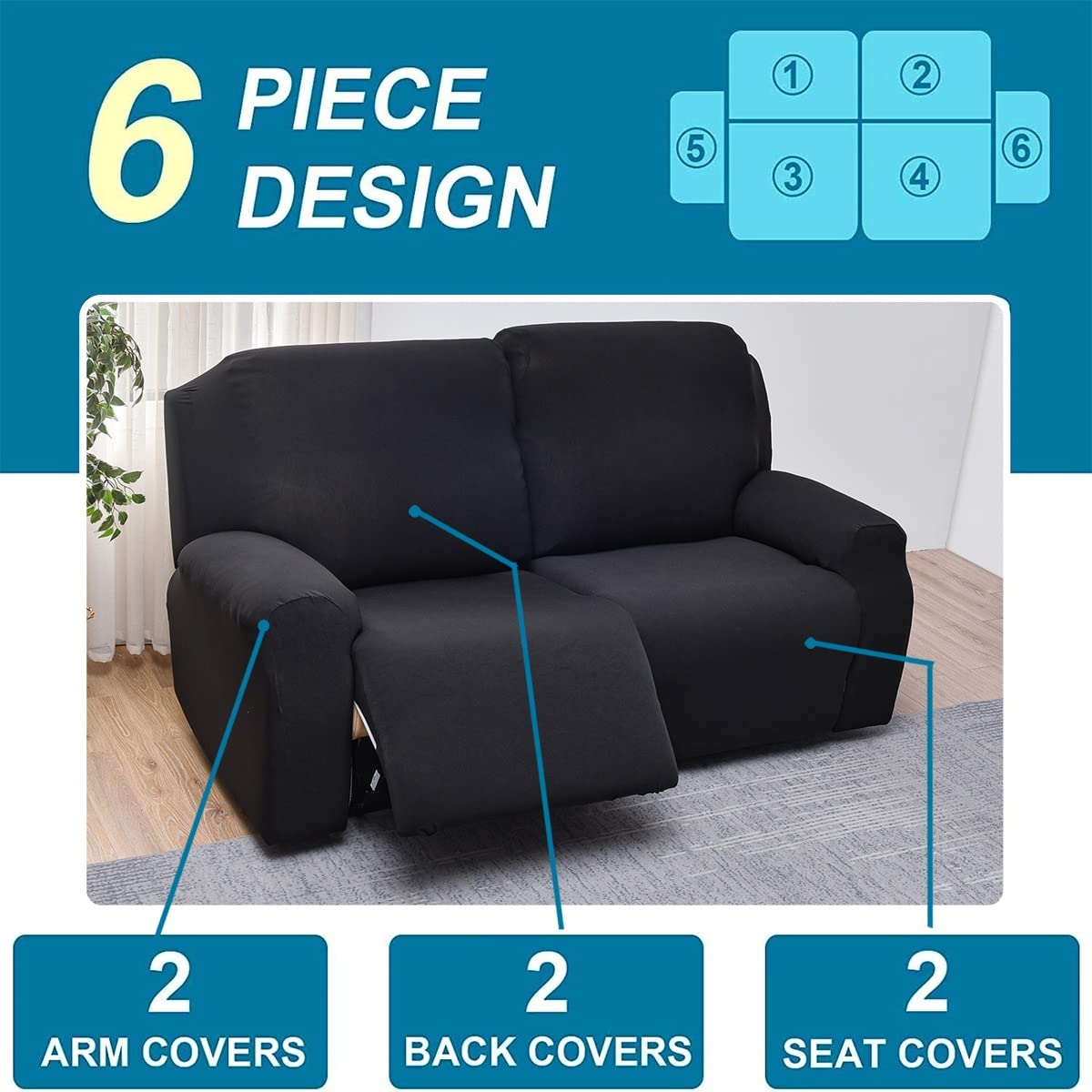Sesselschoner für Relaxsessel 1/2/3 Sitzer Stretch Relaxsofa Bezüge 4/6/8-Teilig Relaxsofa Schonbezüge mit Seitentasche, Möbelschutz für Wohnzimmer (Color : #4, Size : 2 People (6 Pieces))