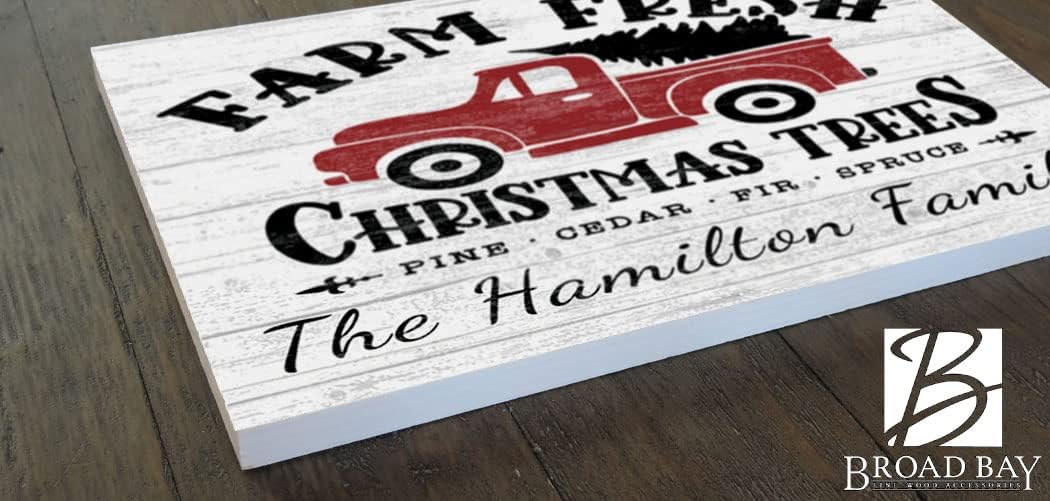 Broad Bay Red Truck Christmas Sign Fresh Christmas Trees Custom Wooden Holiday Vintage Style Wall Decor Farmhouse Decoration 16.5in x 10.5in x .75