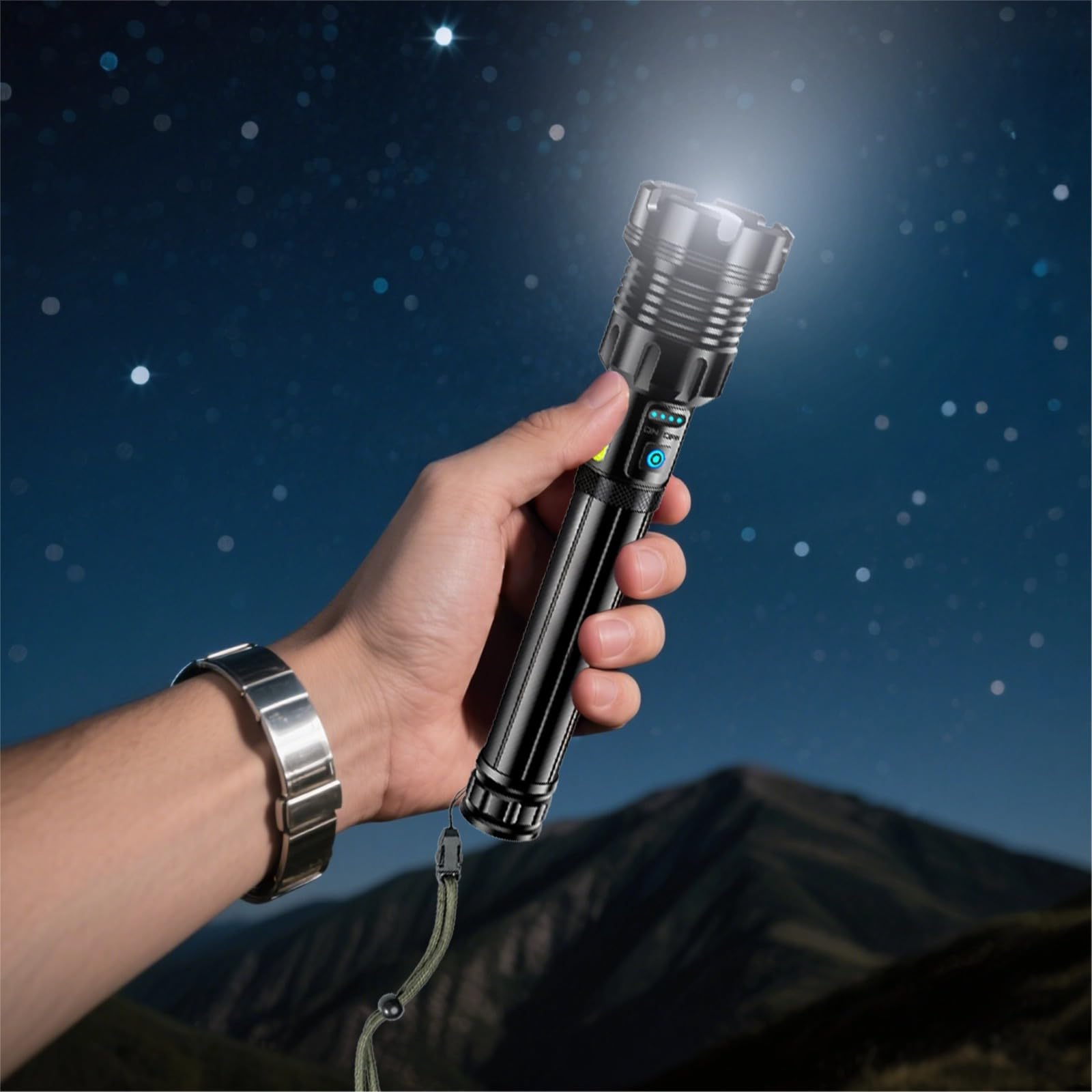 Latarka taktyczna LED, 4000 lumenów, wysoka ładowalna latarka, lampa robocza Cob, IPX6, możliwość powiększenia, bateria 10000 mAh, szybkie ładowanie USB-C, idealna do wędrówek, biwakowania, na