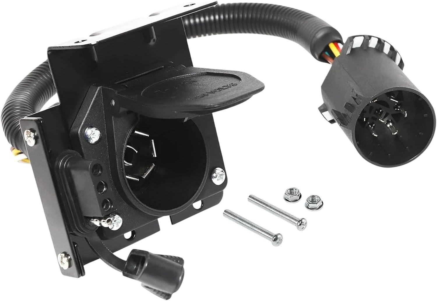 Trailer Socket Adapter with Bracket and Protective Lid, 7 Way to 4 Flat Wiring Connector, Hardware Included for Towing Setup Repair Work