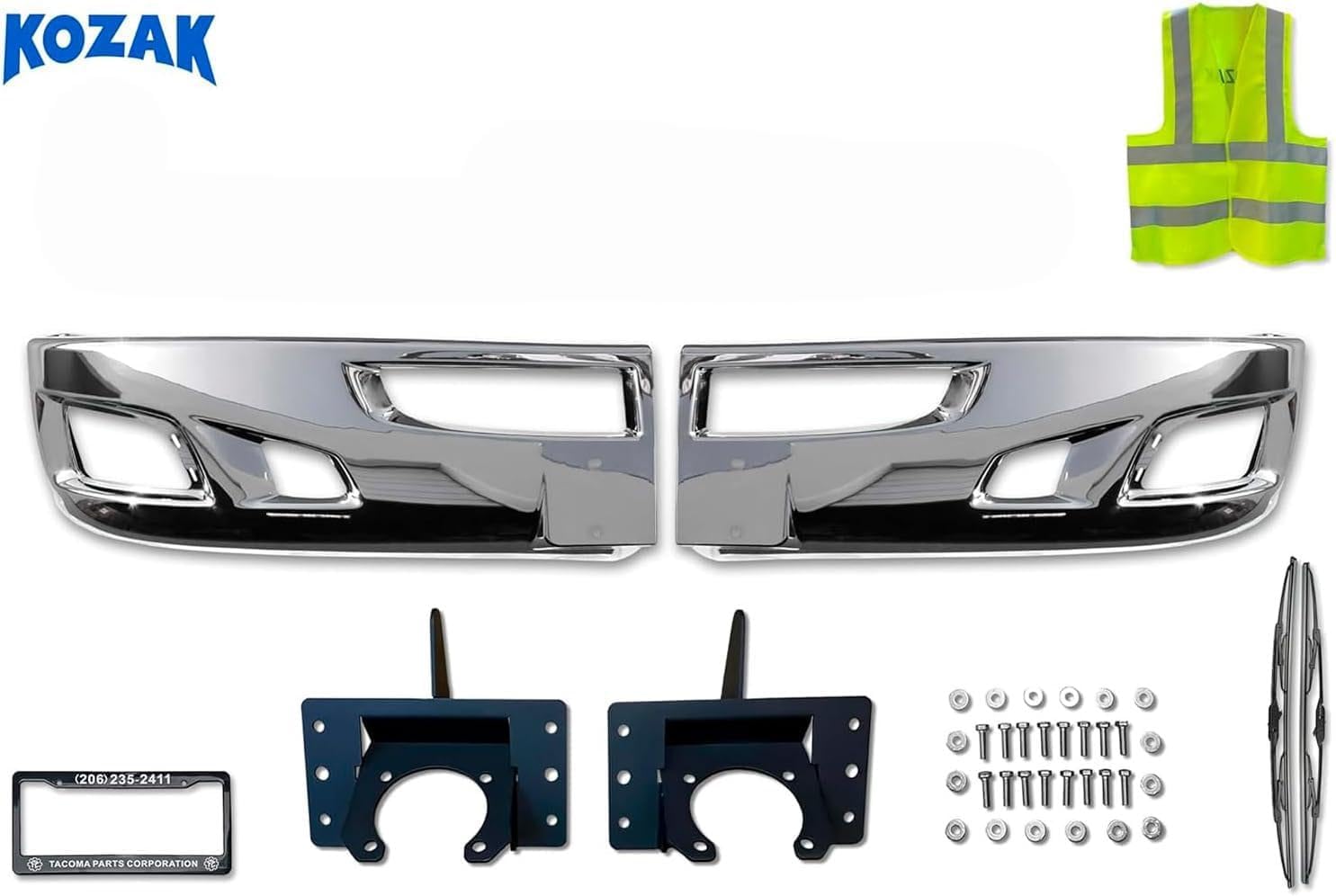 KOZAK Chrome PLASTIC Bumper Extension Corners (Driver Left and Passenger Right Side) Pair w/Brackets SET Compatible with Kenworth T660 PLUS Logo, Windshield Wipers, Frame License Plate, Vest
