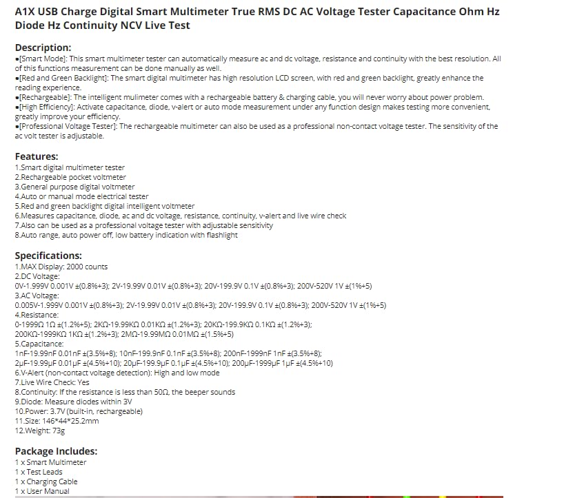 A1X USB Digital Multimeter TrueRMS DCACVoltage Tester
