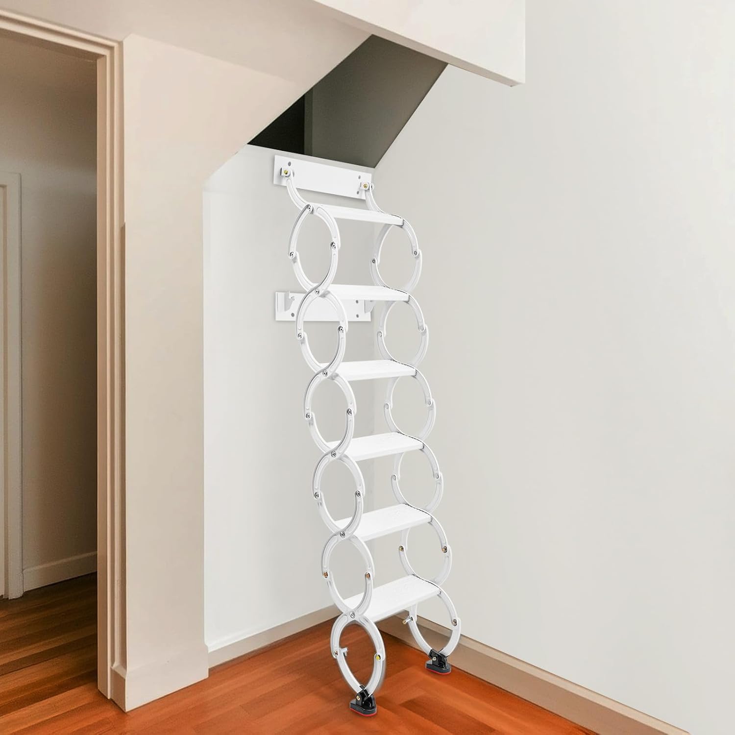 6 Steps Wall Mounted Attic Ladder, Metal Indoor Stairs Pull Down Telescoping System, Anti-Slip Retractable Folding Stair, Loft Extension Steps Staircase for Garages