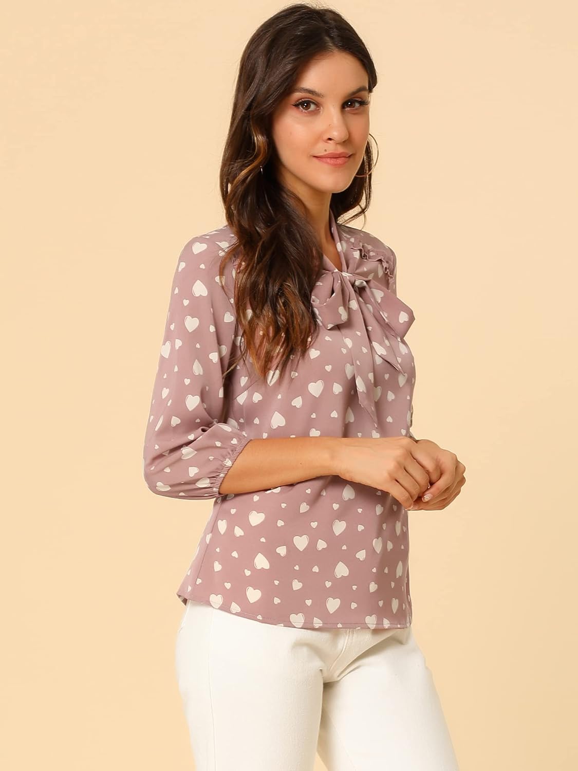 Allegra K Women's Printed Ruffle Shoulder Elastic Cuff Bow Tie Neck Blouse - Image 4