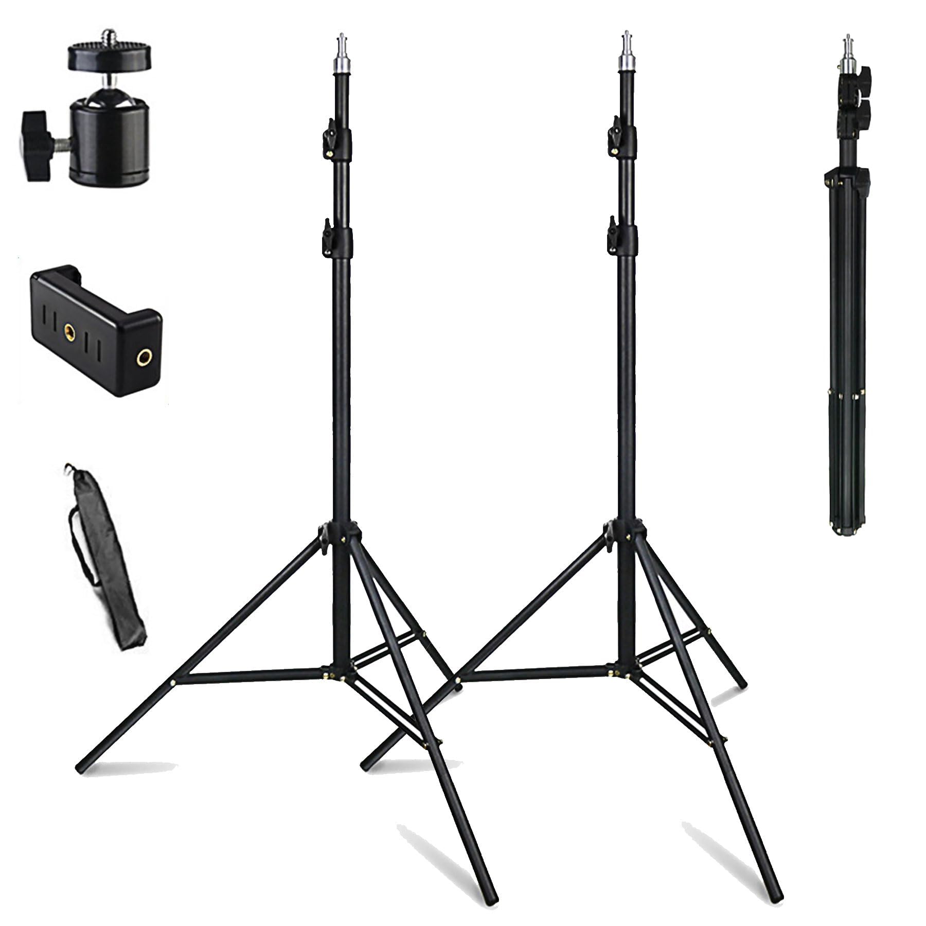 ZMZZZX ライトスタンド 投光器 スタンド ライトスタンド 撮影 210cm 三脚 2本セット 高さは 71～200 センチメートルまで調節可能です 1/4 のネジ 専門撮影用 アルミ製 スタジオ撮影 収納袋 軽量 持ち運びが便利 (黒, 2セット)（三角ブラケット2個、雲台*2、1字クリップ*2、収納袋*2）