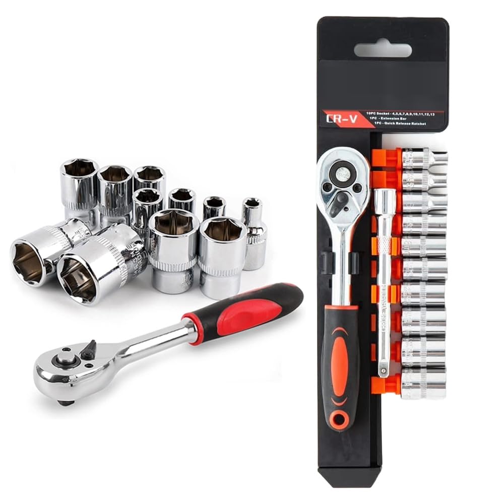 MLD 12 Piece Socket Wrench Set | Ratchet Wrench Spanner | 1/4'' Socket Set | Metric Driver with Extension Bar DPKS-1810 (Material Plastic and Steel,Multicolor)
