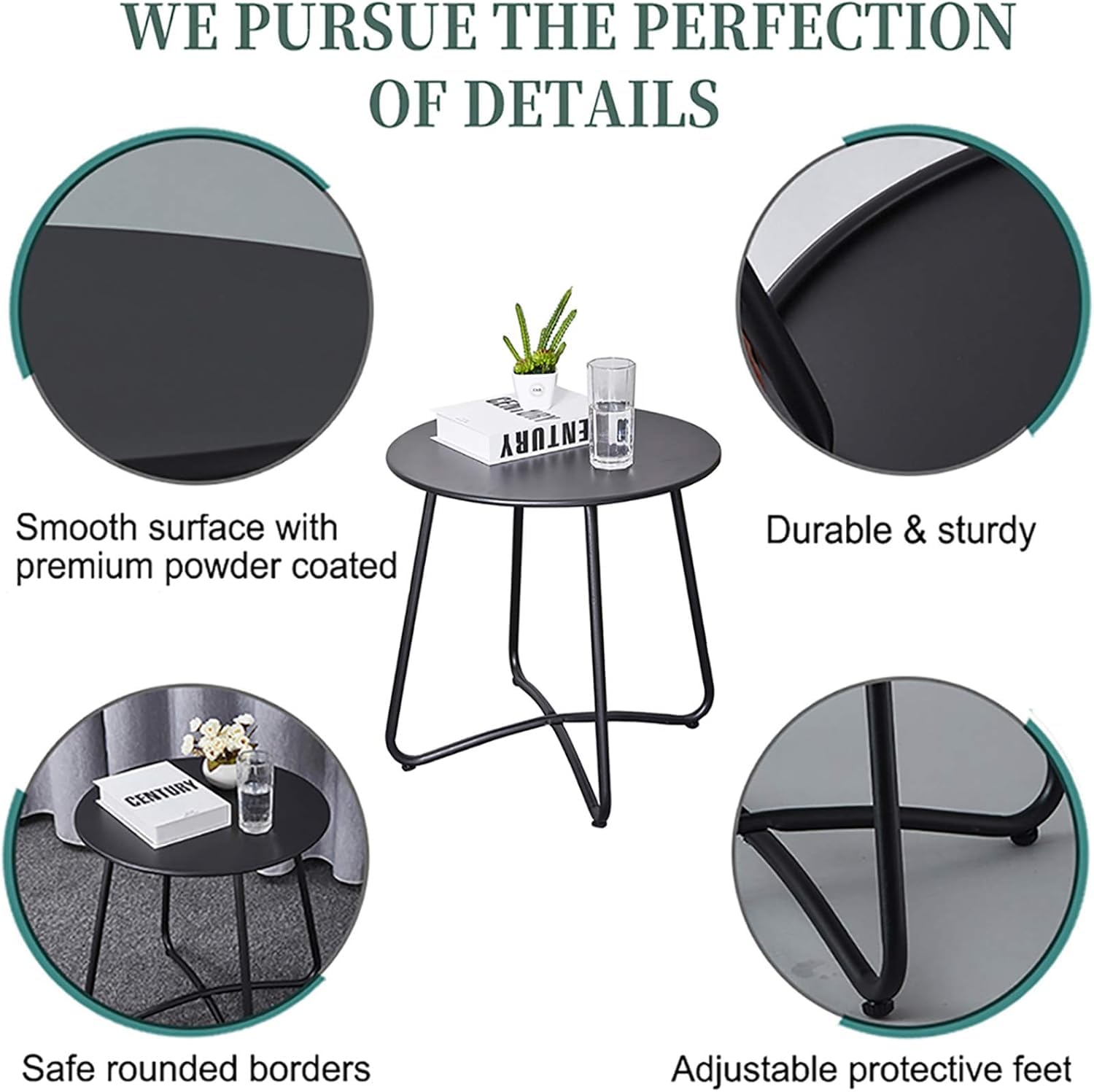 BERARDI HOME | Tavolino Rotondo in Metallo, 45x45 cm, Impermeabile, Design Minimal, per Interno ed Esterno, Nero