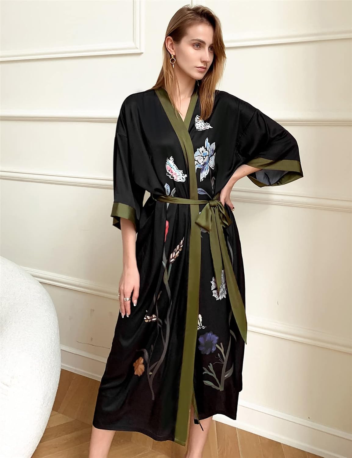 Horezsie Women's Long Silk Robes Long Satin Robes Long Kimono Robes Floral Silky Bathrobes Dressing Gown, One Size - Image 5