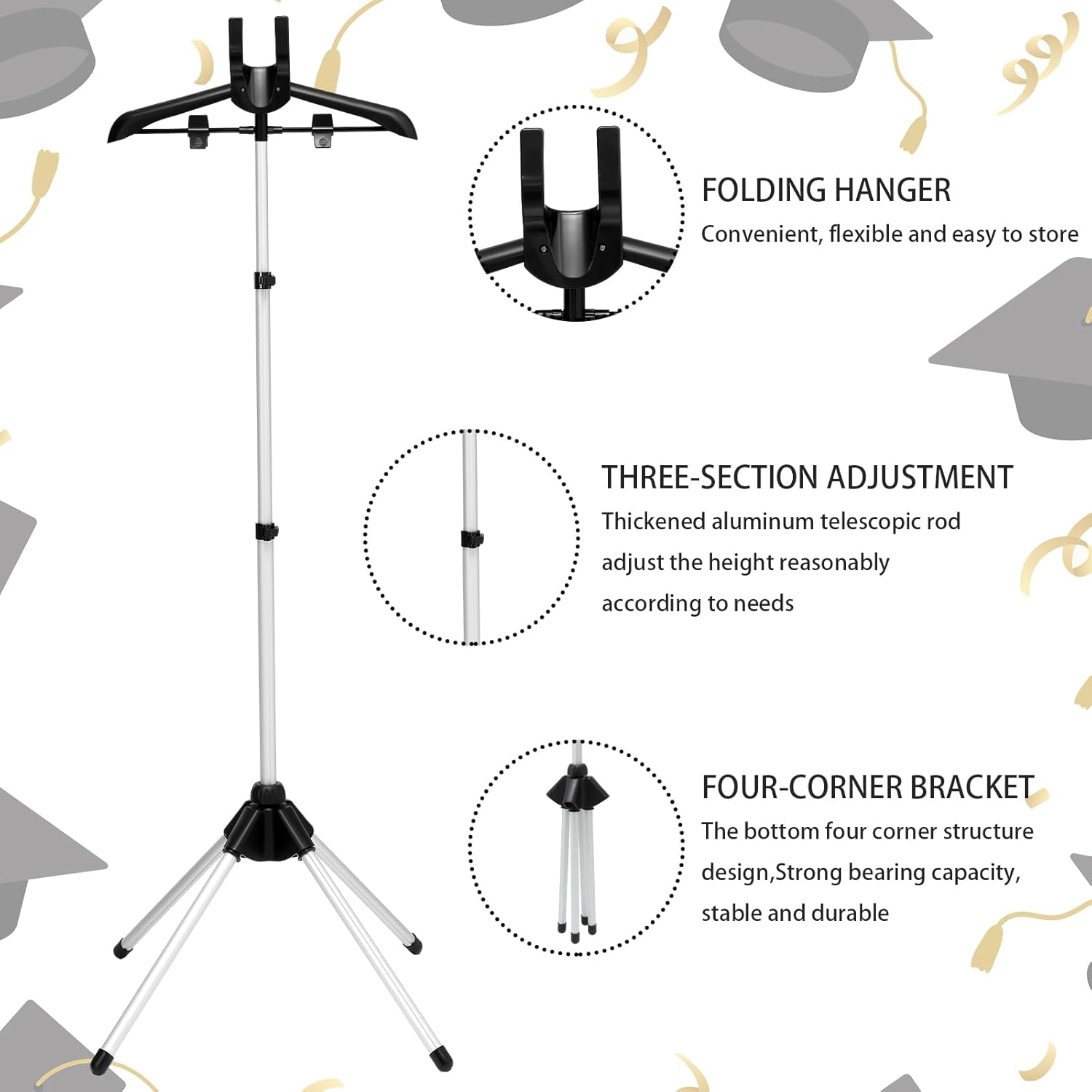 Bucherry Graduation Gown Display Stand Adjustable Garment Hanger for T Shirt Portable Hanging Metal Clothes Stand for Cap Clothing Jacket Coat Shirt Display (Rack,Silver and Black,32"-63")