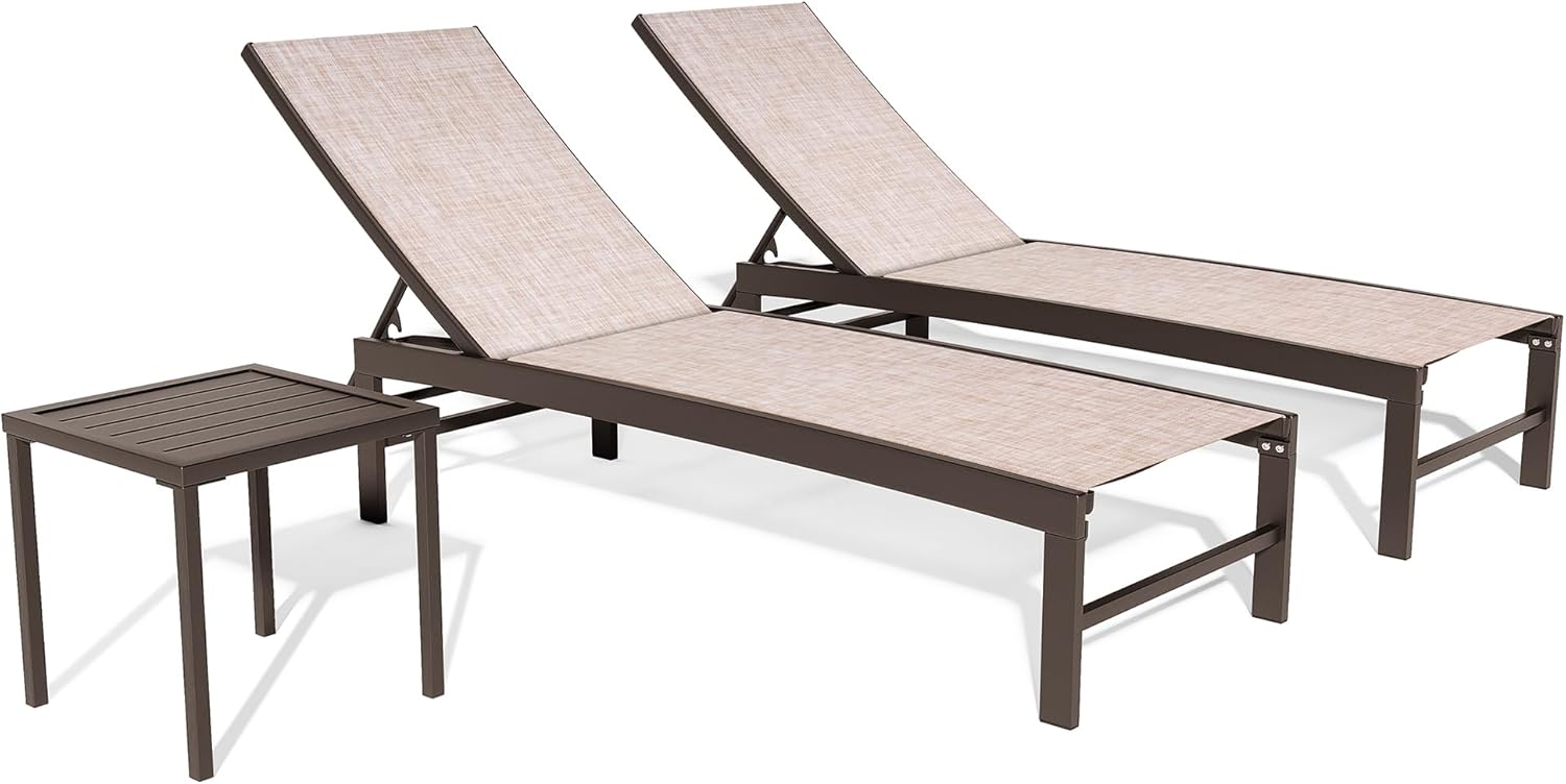 Crestlive Products 2PCS Chaise Lounge Chair Outdoor with 1PC Side Table, Adjustable 5 Positions Pool Tanning Recliner, Outdoor Lounge Furniture Perfect for Patio, Beach, Yard, Pool