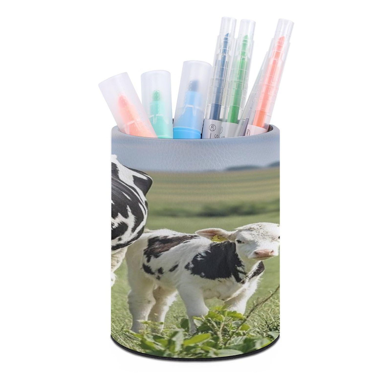 FekiLoot Round Cartoon Milk Cows Pen Holder for Desk PU Leather Waterproof Pencil Cup Stand Minimalist Makeup Brush Storage Organizer Desktop Stationery Container Accessorires