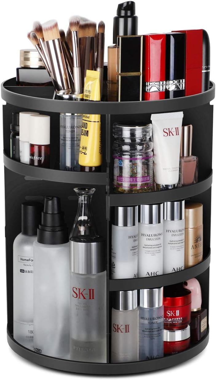 Syntus 360 Rotating Makeup Organizer, Adjustable Bathroom Makeup Spinning Storage Holder, Large Capacity Carousel Cosmetics Display Cases for Vanity, Skincare, Countertop Organization, Black