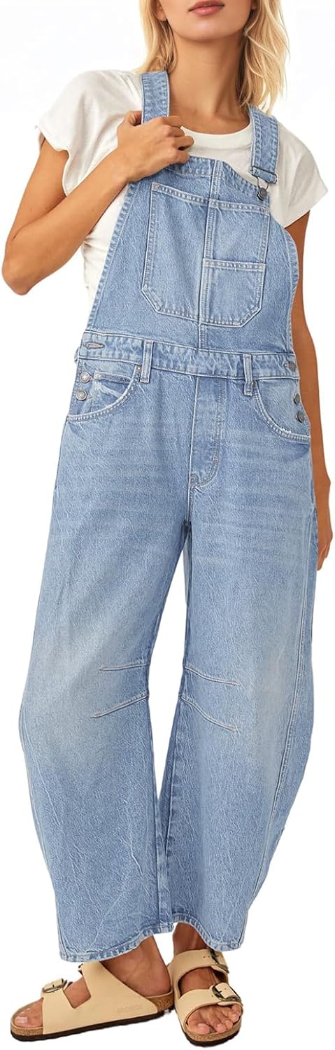 Dokuritu Overalls for Women Casual Adjustable Strap Baggy Denim Overalls Rompers Barrel Leg Jean Jumpsuit with Pockets