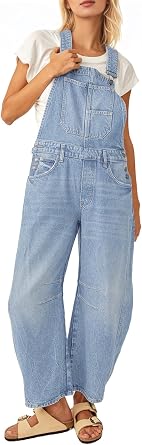 Dokuritu Overalls for Women Casual Adjustable Strap Baggy Denim Overalls Rompers Barrel Leg Jean Jumpsuit with Pockets