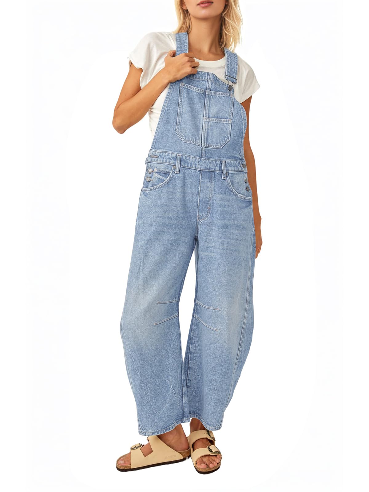 Dokuritu Overalls for Women Casual Adjustable Strap Baggy Denim Overalls Rompers Barrel Leg Jean Jumpsuit with Pockets