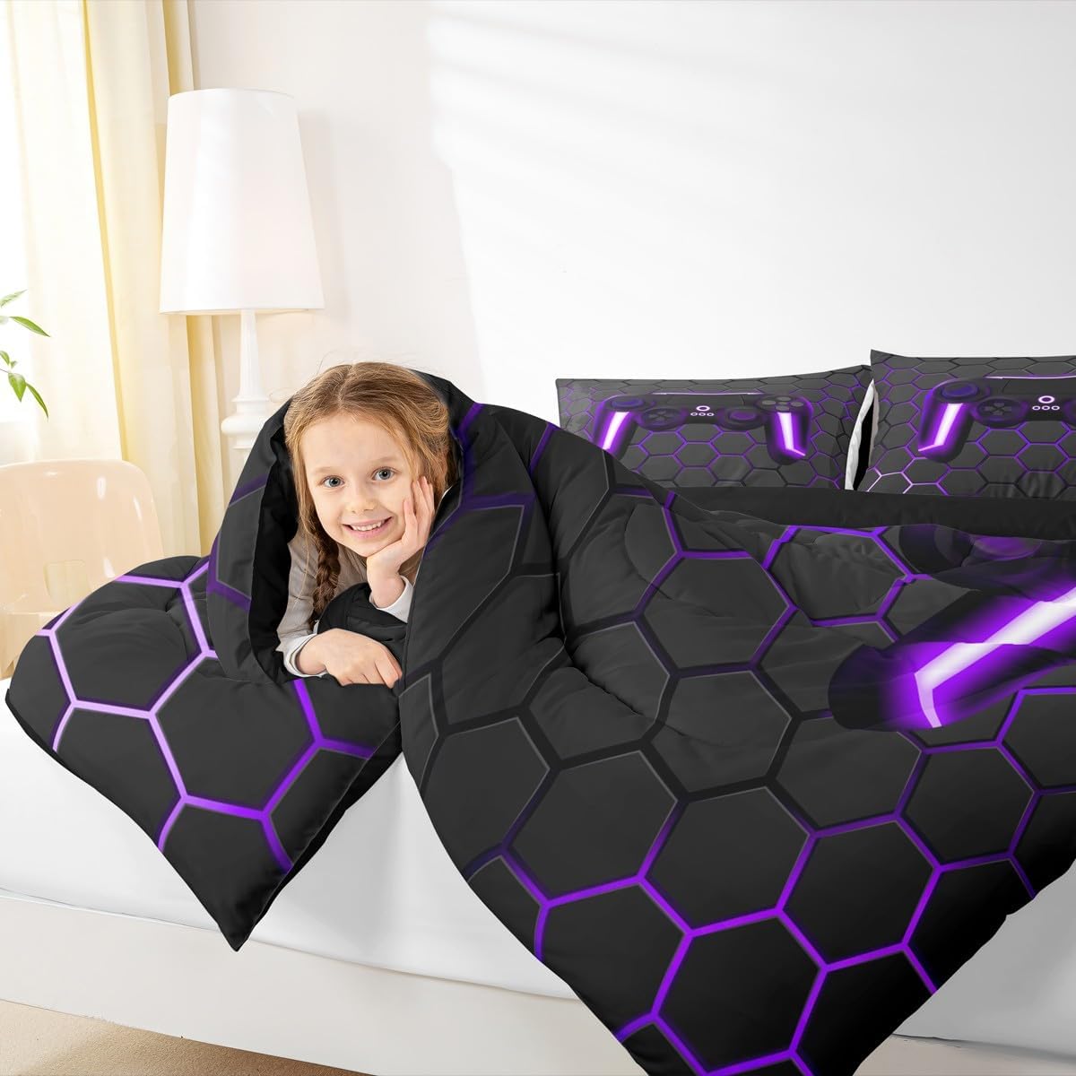 Game Bedding Sets For Boys,Gaming Comforter Set Twin,Kids Gamer Duvet Set Neon Lights Gamepad Bed Set For Teen Men Bedroom,Honeycomb Hexagon Reversible Comforter With 1 Pillow cover,Purple