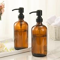 Vista 2 de AmazerBath Dispensador de jabón de vidrio ámbar, juego de 2 dispensadores de jabón con bomba de acero inoxidable, botella dispensadora de jabón