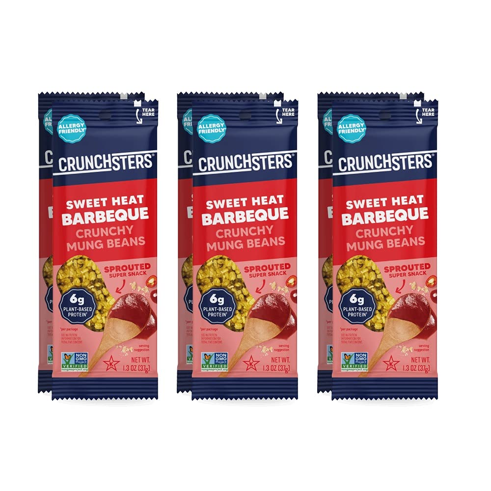 Crunchsters Sprouted Mung Beans, Plant-Based Protein Super-Snack and Salad Topper, Gluten-Free, Nut-Free, Vegan, 6g Protein/Serving, 1.3oz. Bags, Sweet Heat BBQ, 6-Pack