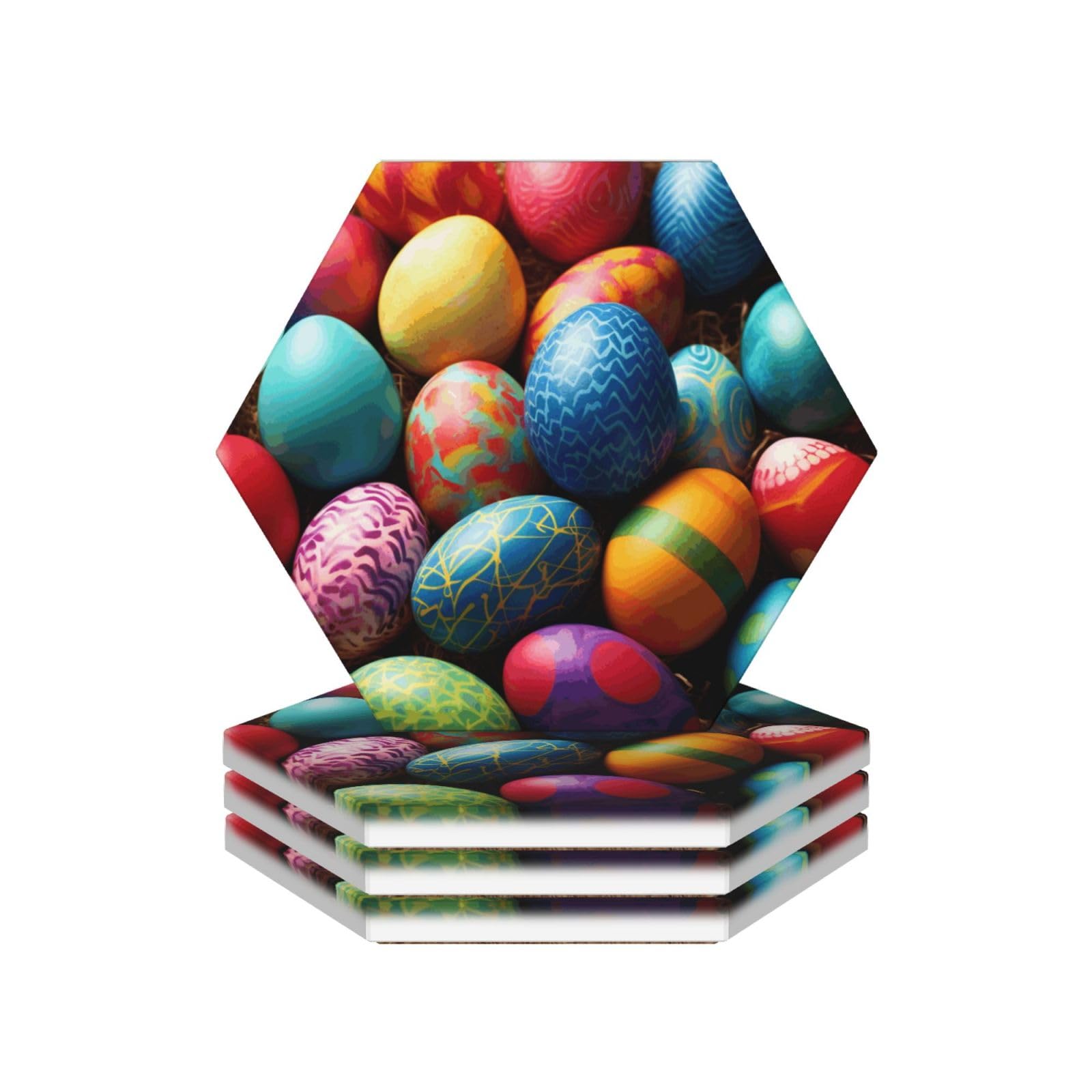 Drink Coasters Set of 4 Coffee Ceramic Coaster Easter Day Colorful Eggs Coasters for Drinks Coffee Cup Mat Heat Resistant Tabletop Protection Coaster Desk Accessorie Home Decorative