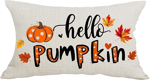 Black Word Art Hello Pumpkin Día de Acción de Gracias, otoño, Y'all, funda de almohada lumbar decorativa, funda de almohada para sofá, cama,