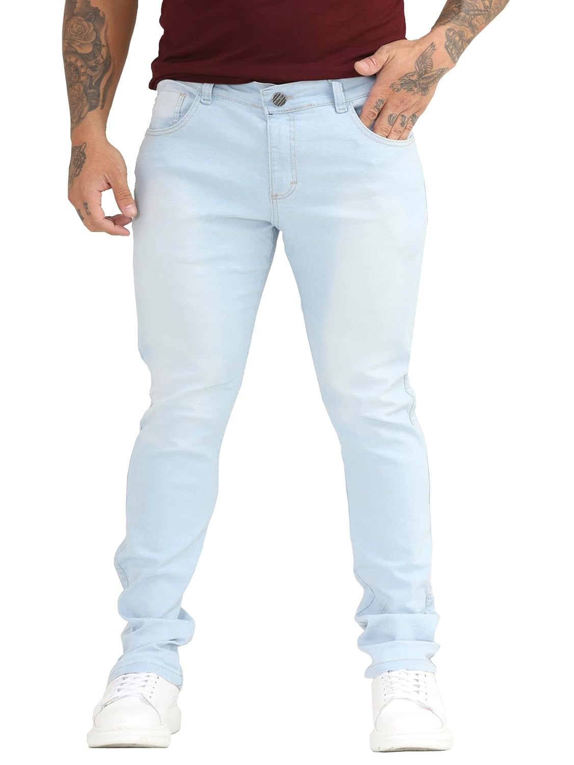 Calça Jeans Masculino Lavagem Clara Skinny Lisa Básica Com Elastano