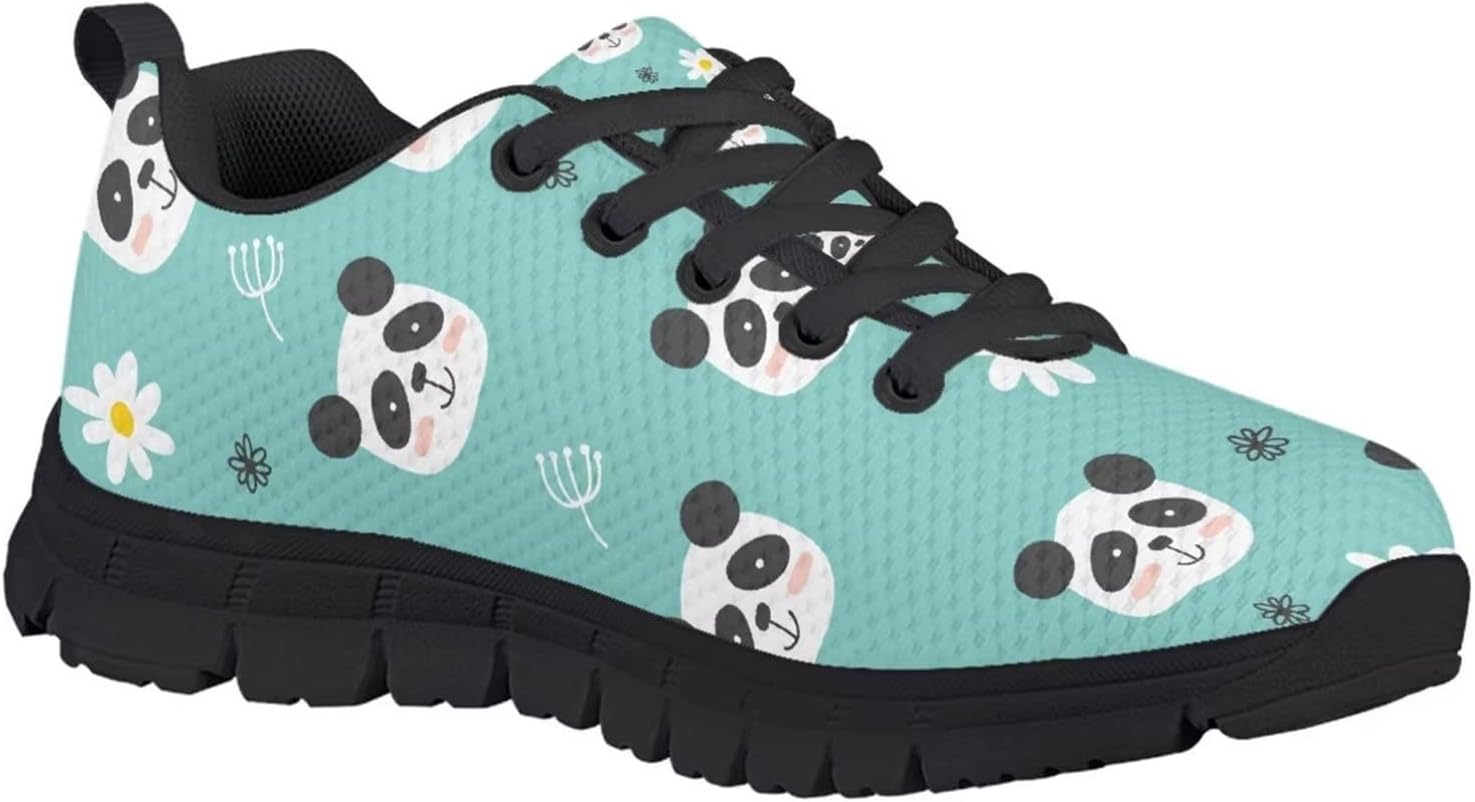 Biyejit Cartoon Cute Panda Print Boys Girls Sneakers Breathable Running Walking Sports Shoes Lightweight Outdoor Athletic Sport Footwear, Black Sole