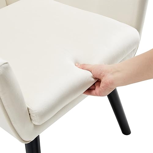 Miniatura 5 de Silla decorativa color blanco crema, silla de terciopelo con respaldo de ala, a cuadros, cómoda silla copetuda con patas de madera, sofá individual