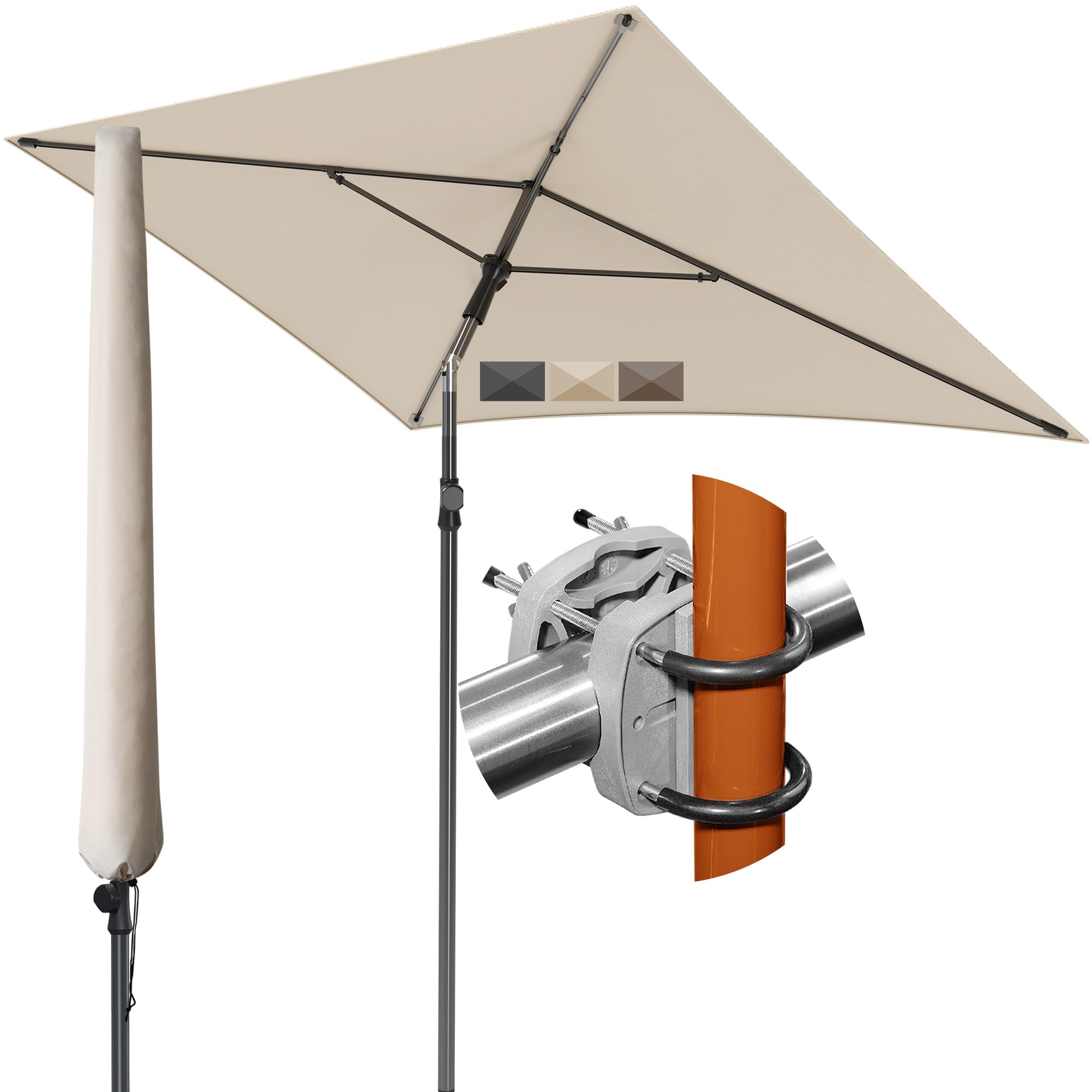 Menz Sonnenschirm Balkon - 3-IN-1 Sonnenschutz Balkon SET UPF 50+ Sonnenschirm rechteckig 200 x 125cm + Sonnenschirmhalter Balkongeländer + Sonnenschirmhülle
