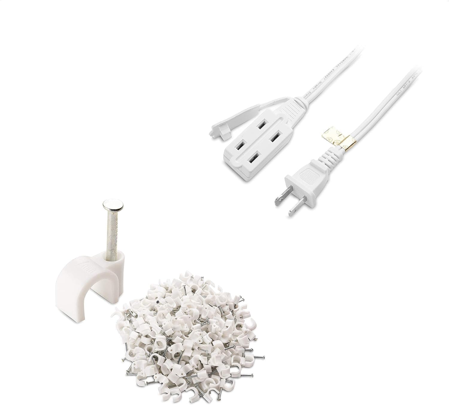 Cable Matters 16 AWG 2 Prong Extension Cord (3 Outlet Extension Cord) with Tamper Guard White in 25 Feet & 200-Pack Nail-in Cable Clips Cord Organizer
