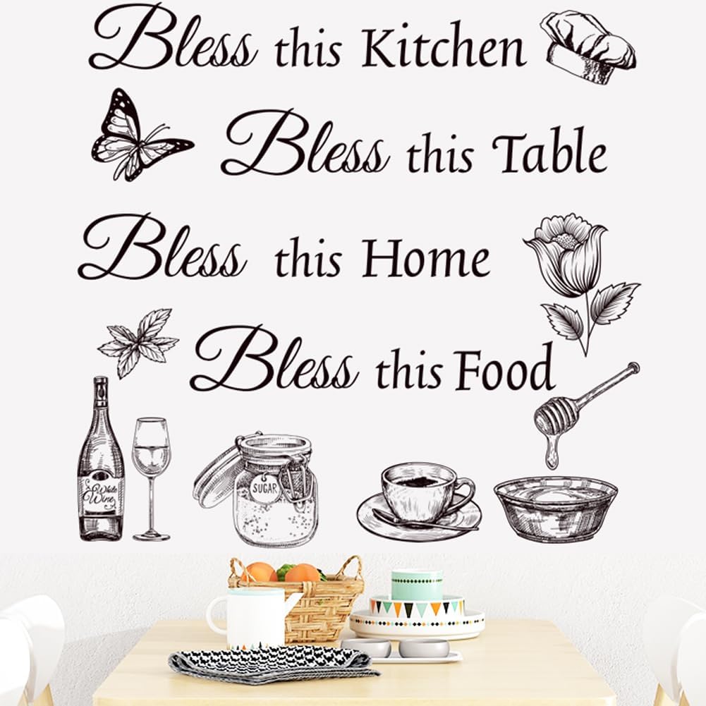 Kitchen Wall Stickers Dining Room Decals Decor Bless This Kitchen Wall Decal Thankful Grateful Blessed Quote Utensil Art Decorations for Home Coffee Shop Wall Decor