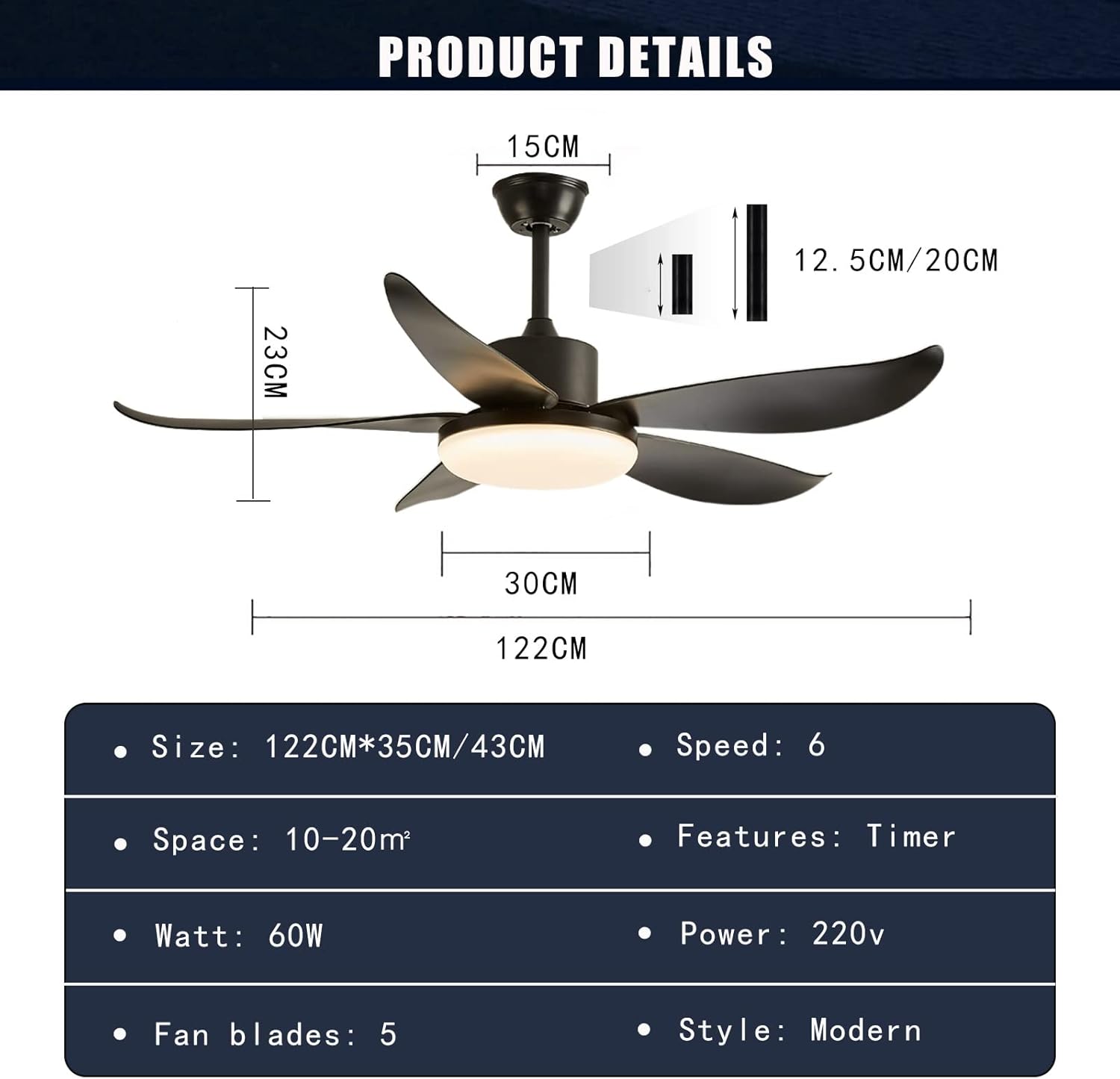 YUEGOO Ceiling Fans with Lamps,Dc Reversible 6 Speed Timer Fan Chandelier Ceiling Light Led Dimmable Modern Ceiling Fans with Lights and Remote Control for Living Room Bedroom Kitchen/Green/122Cm