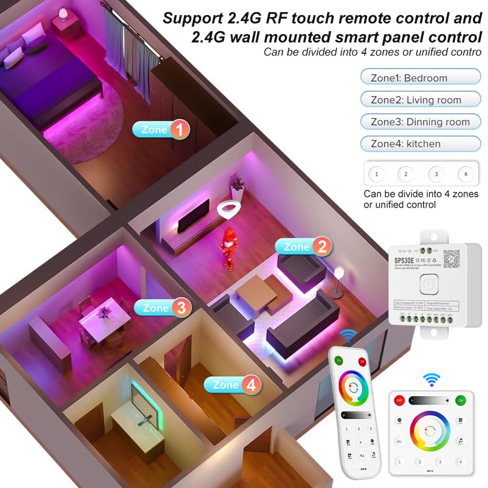 Contrôleur LED Wifi 12-En-1 SP530E PWM SPI Pixels Dimmer pour Bandes LED WS2812B WS2811 RGB RGBW avec Commande Vocale