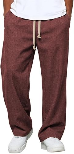 Mens Linen Lounge Pants with Elastic Waist Linen Casual Kaki Pants for Men Textu