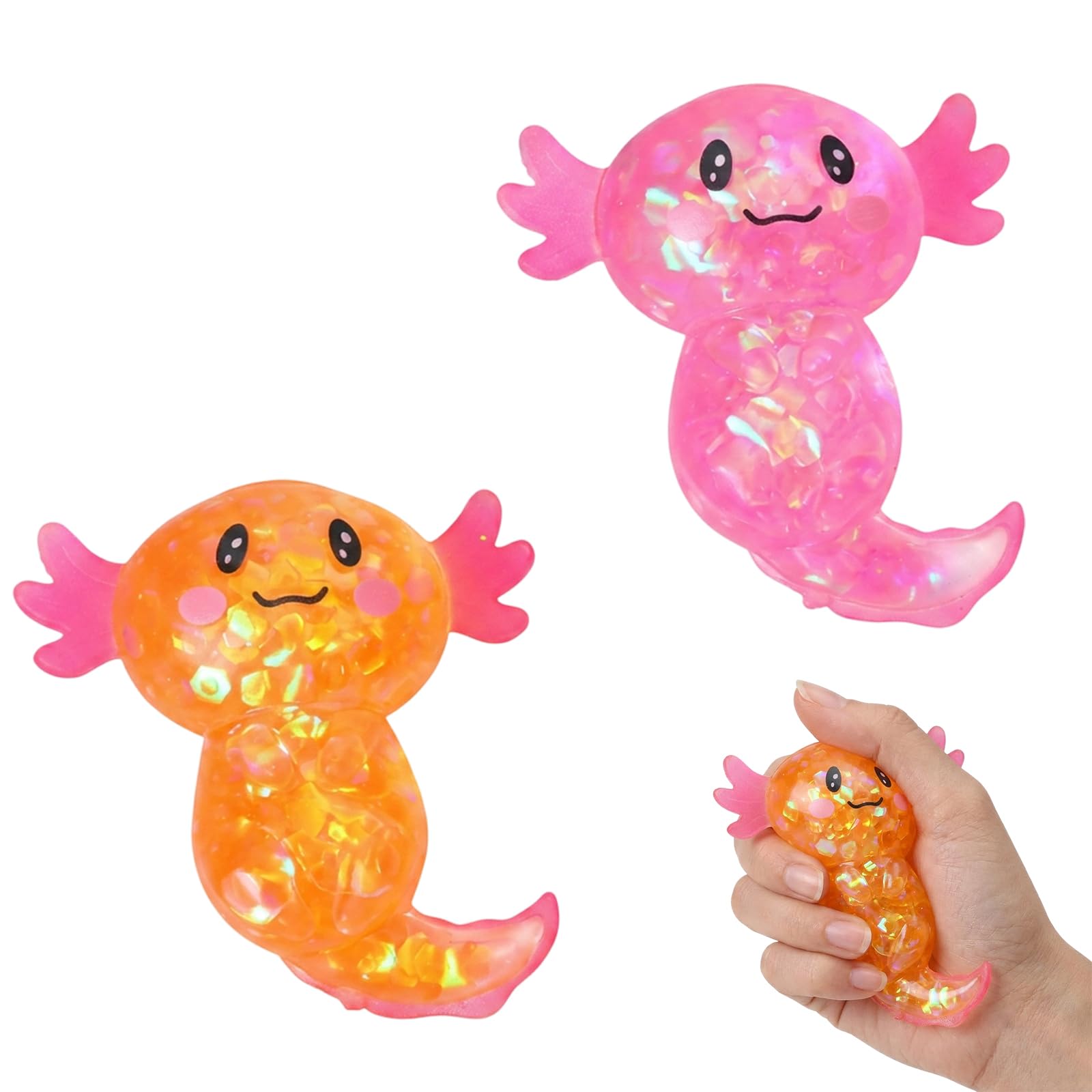 GLQYGZ 2 PCS Axolotl Squishy, Cute Squishys Axolotl With Glitter Details, Sugar Squishys Axolotl For Desk Display And Collectors, Two Piece Set In Orange And Pink Colours