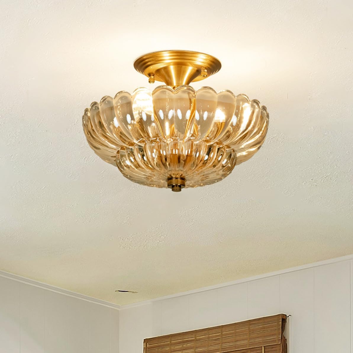 Vintage Glass Flush Mount Ceiling Light, Petal Shape Ceiling Light Fixtures, Elegant Small Flush Chandelier for Hallway Entrance Kitchen Amber Finish