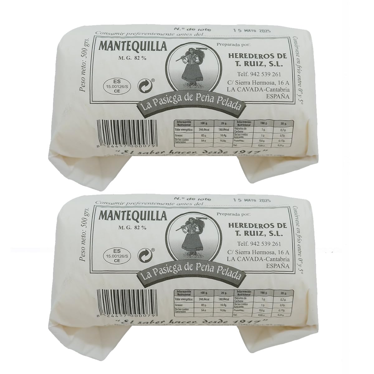 LA PASIEGA DE PEÑA PELADA Mantequilla Artesanal, PACK DE 2 Rulos de 500 gr (aprox) en Papel Sulfurizado, 82% Materia Grasa, Sabor Tradicional y Natural - Origen Cantabria