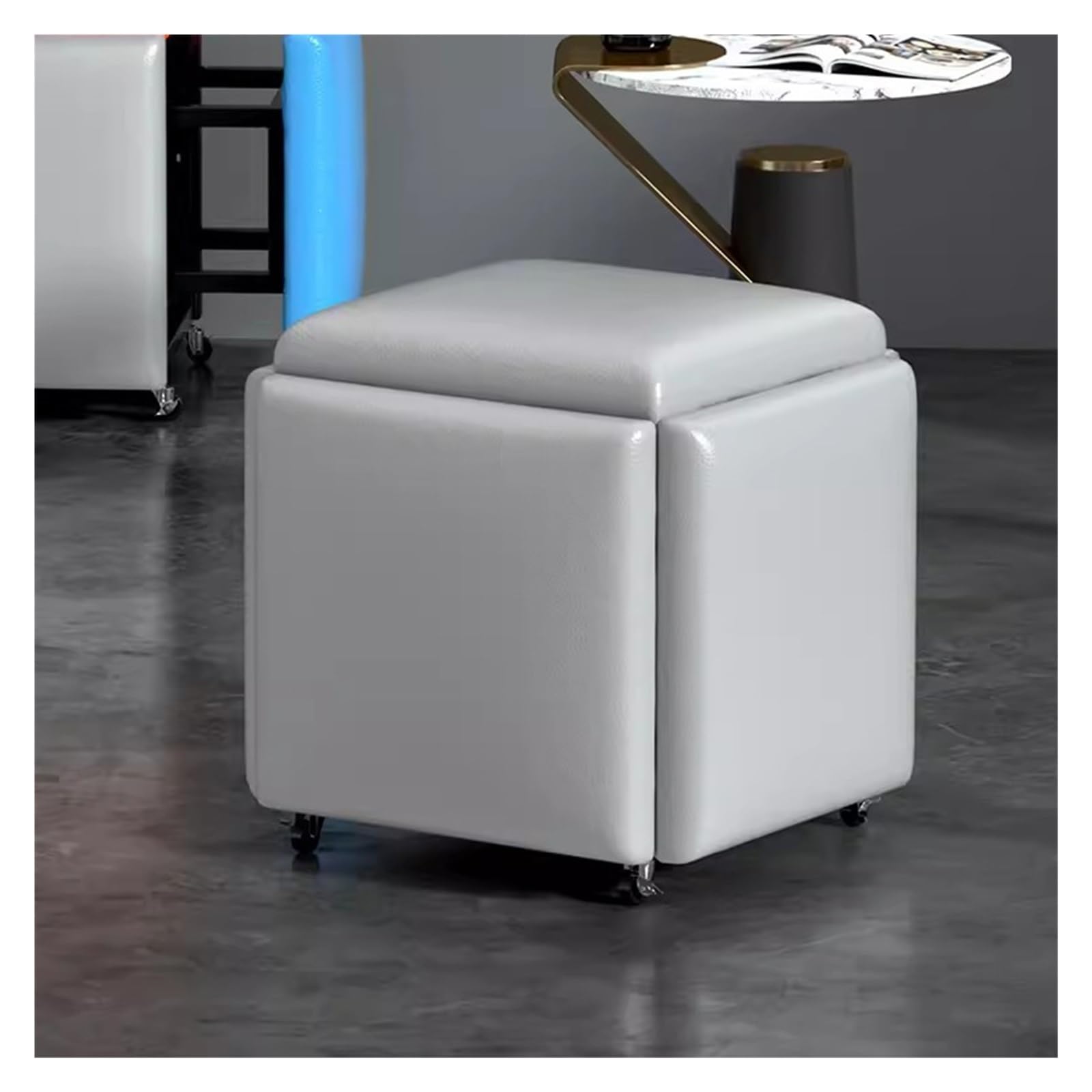 Wdsopk Grey Stool Cubes 5 In 1 Cube Seat With Swivel Casters,Stackable Sofa Chair Stools,Nesting Ottoman Stool,Movable Footstool,Upholstered Ottoman Leather Cube Chair（Gray）