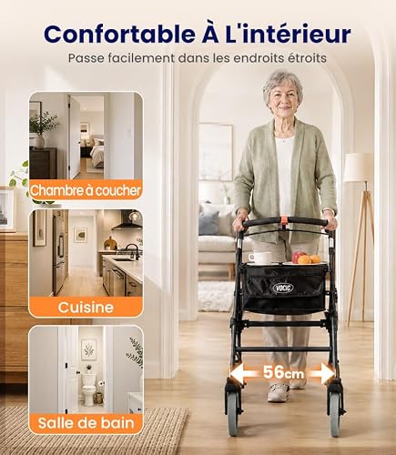 VOCIC Z32 Déambulateur étroit pour appartement, déambulateur d'intérieur pliable et léger, stable avec spuer, pneu antidérapant silencieux, deambulateur pour personnes âgées, pliable & plateau, noir - 2