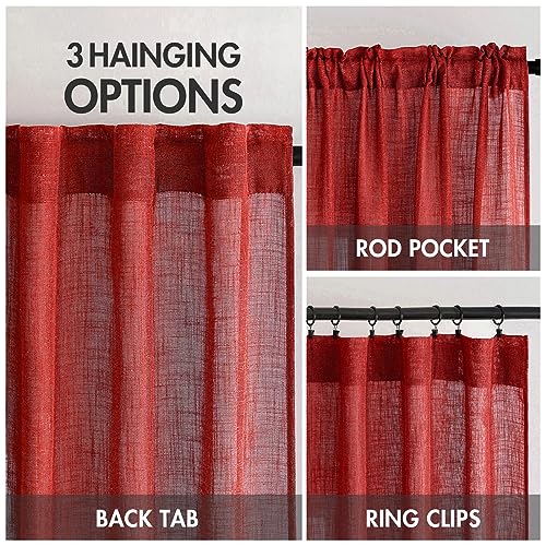 MIULEE Red Kitchen Curtains 24 Inch Length 2 Panels, Soft Thick Linen Textured Semi Sheer Light Filtering Short Cafe Tier Curtains for Small Half Window Back Tab Rod Pocket Christmas Decor