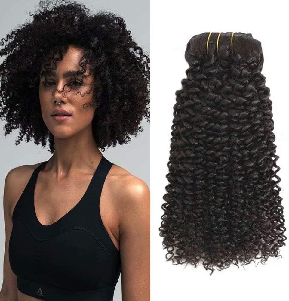 HIKYUU 12" 60g 7pcs 4c Clip in Human Hair Extensions for Black Women #1B Natural Black Afro Curly Clip in Hair Extensions Double Weft