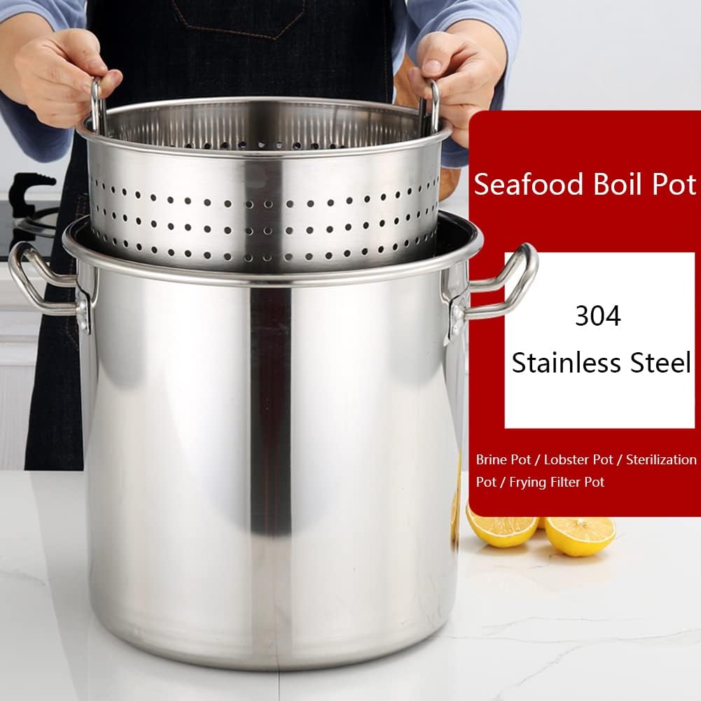 20-90l olla de almacenamiento con cesta de colador y mango retráctil, olla de cocina de mariscos de acero comercial olla de caldera de pescado de cangrejo de pavo freidora para cocinar al vapor y