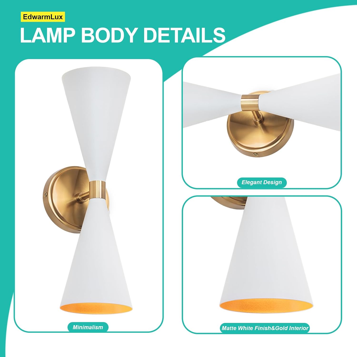 Edwarmlux Indoor Wall Sconces, Modern Wall Lights, Up and Down Wall Mount Light, Dimmable Hardwired Wall Light for Bedroom, Living Room, Hallway, Stairwell, E26, 2 Pack (Matte White& Brushed Brass)