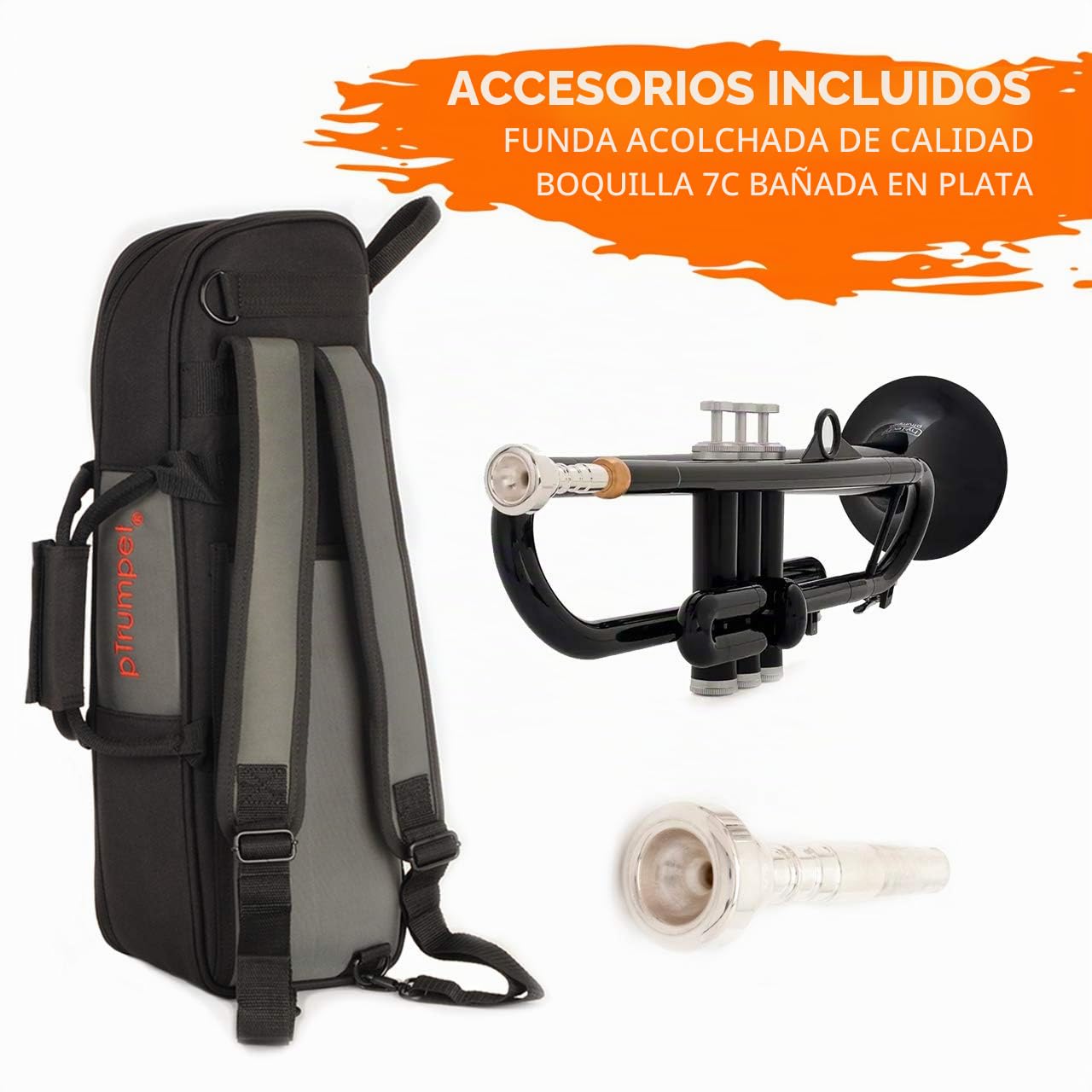 pTrumpet Hytech Trompeta con boquilla 7C y bolsa acolchada – Latón plástico híbrido estudiante – Negro, PTRUMPET1HTB/BLACK