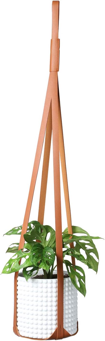 POTEY 610301 Vegan Leather Plant Hanger - Hanging Plant Holder Modern Design Adjustable Length for Decorative Plant Pot, Indoor Outdoor Hanging Planter for Home Decor,1 Pack 30 inch, Saddle Brown