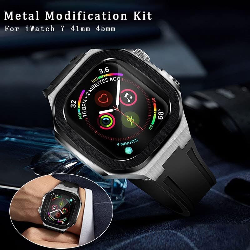 dyizu for apple watch 8 7 41mm 45mm caseband stainless steel luxury modification kit set silicone strap for iwatch series se 6 5 4 44 40mm