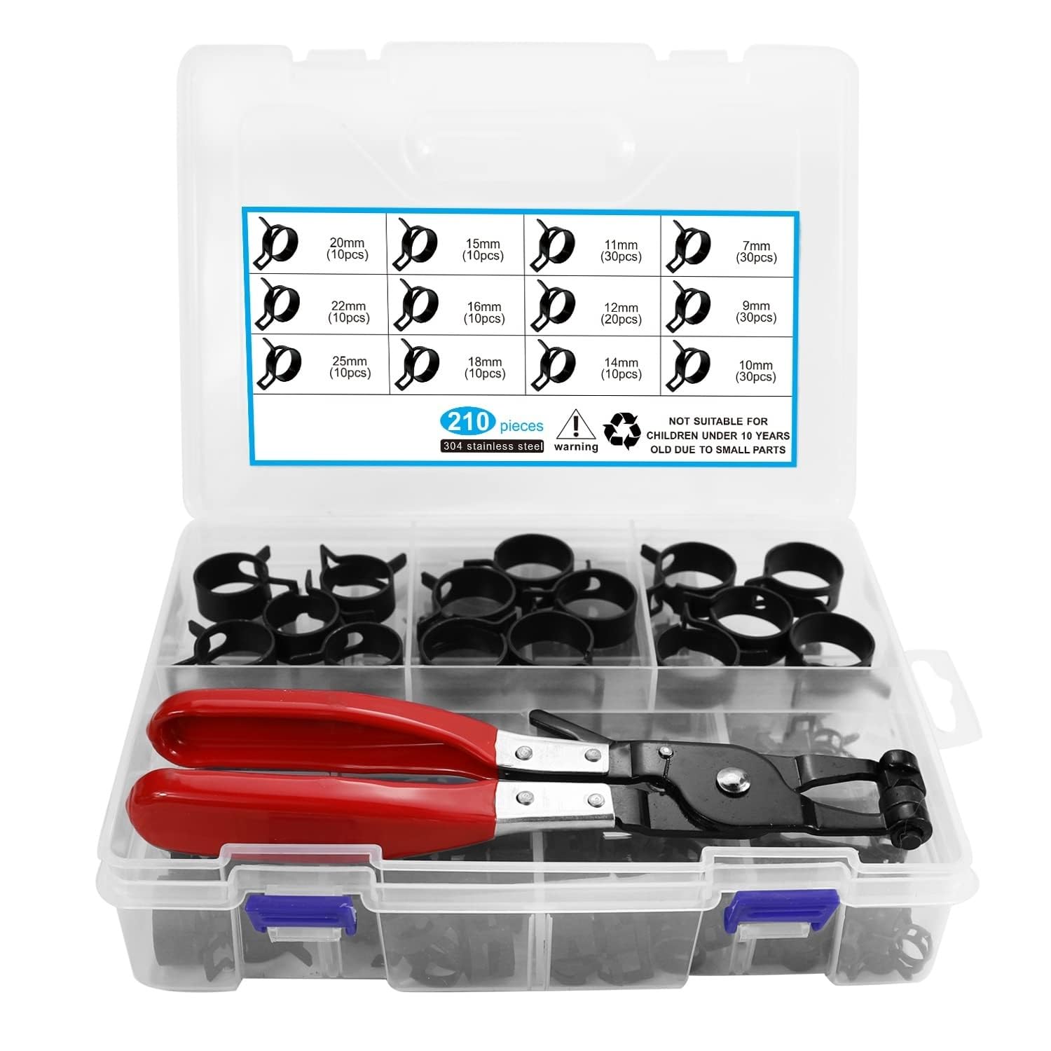 Abrazaderas de manguera de banda de resorte de 7-25 mm con kit surtido de alicates, abrazadera de acero for manguera de vacío, clip de aire a presión, 210 piezas