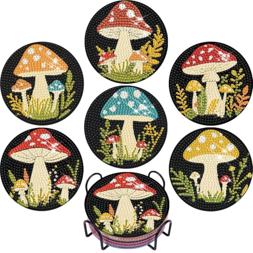 EWJRNSF 6 PCS Mushroom 5D Diamond Painting Coasters DIY Kit with Holder